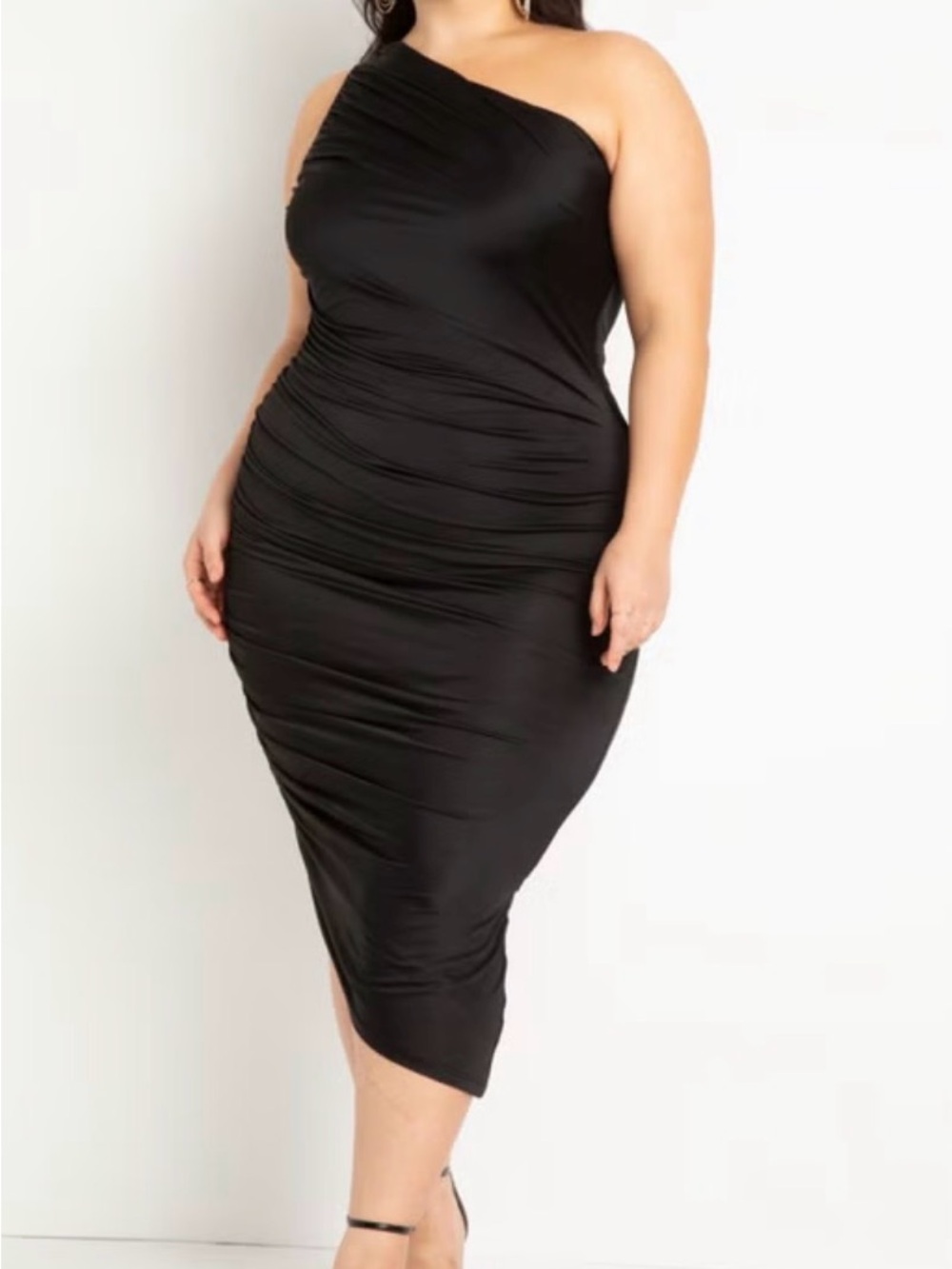 Eloquii Plus Ruched One-Shoulder Black Midi Dress